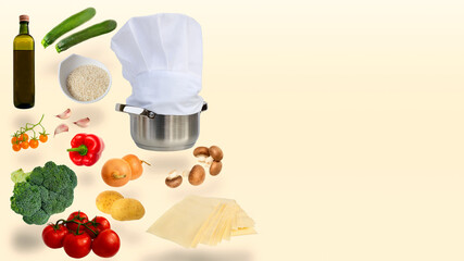 Stainless steel pan in white chef's hat,variety of vegetables,mushrooms,vegetable or olive oil bottle,on left on beige gradient background.Copy space.Vegan cuisine concept.Vegetarian diet ingredients