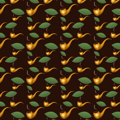 seamless pattern with the image of a smoking pipe and leaves for tobacco products
