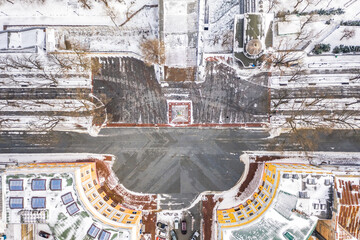 Bird view on the monument, of the founders of the city, Duke de Richelieu on the Promenade is one of the main attractions of Odessa. After snow blizzard on February 8, 2021.