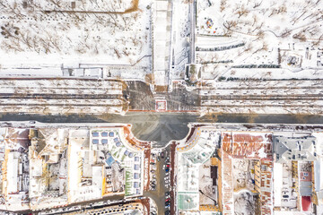 Bird view on the monument, of the founders of the city, Duke de Richelieu on the Promenade is one of the main attractions of Odessa. After snow blizzard on February 8, 2021.