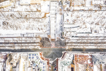 Bird view on the monument to Duke Richelieu in Odessa, Ukraine after snow blizzard. February 8, 2021.