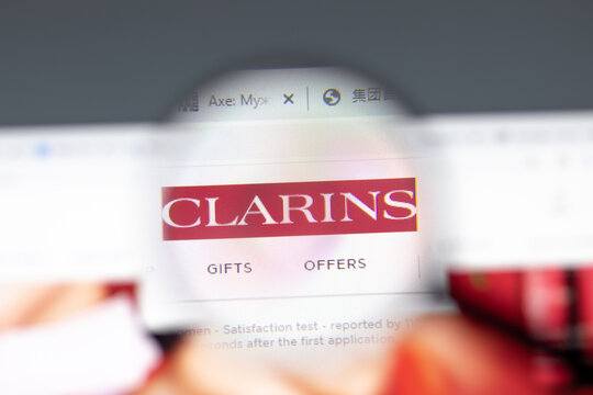 New York, USA - 15 February 2021: Clarins website in browser with company logo, Illustrative Editorial.
