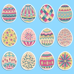 Set of stickers with doodle Easter eggs