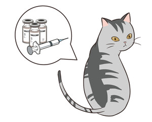 ワクチン接種　注射器と瓶　猫　後ろ姿