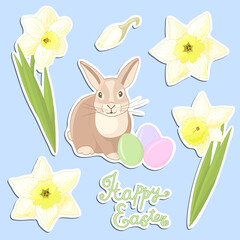 Set of stickers with Easter eggs, rabbit and flowers