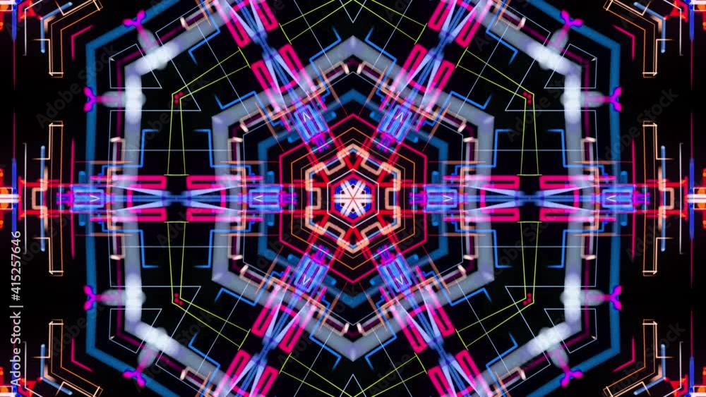 Poster abstract laser show. 4k abstract bg with pattern of glow multicolor lines. pattern like flower, star