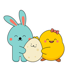 Cute cartoon hare and chick girl characters are holding an Easter egg. Funny illustration in cartoon style. Vector isolated on white.