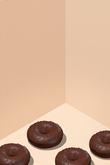 Minimal food geometry in details. 3d render scene chocolate donuts in isometry beige stylish room. Restaurant, bakery, candy shop, food delivery concept art.
