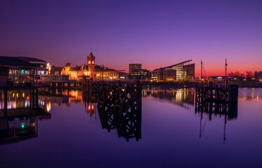 Cardiff Bay skyline at dawn, Wales, UK