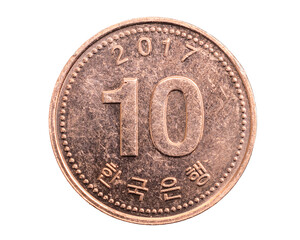 South Korea ten won coin on a white isolated background