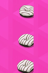 Minimal food geometry in details. 3d render scene white glazed donuts in isometry stylish pink space. Restaurant, bar, bakery, candy shop, food delivery concept art.