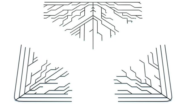 4k abstract black wireframe on white bg. Ai growing geometric pattern of lines form plane, branches of calculations, nodes and intersections. Building solution by ai or neural network.
