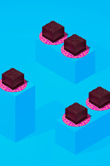 Minimal food geometry in details. 3d render scene chocolate cake and in isometry stylish blue room. Restaurant, bar, bakery, candy shop, food delivery concept art.