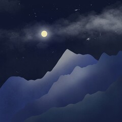 Illustration of mountains landscape in the dark night with bright moon 