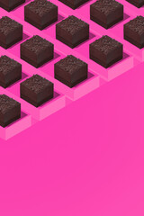Minimal food geometry in details. 3d render scene chocolate brownie set in isometry stylish pink room. Restaurant, bar, bakery, candy shop, food delivery concept art.