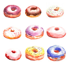 
Watercolour painted set of colourful glazed donut. Yellow pink chocolate blue top, different flavours and test. Use for article illustration decoration and design. Food art. Sweet dessert.