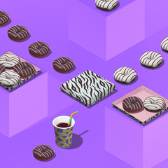 Minimal food geometry in details. 3d render scene chocolate mix donuts and coffee cup in isometry purple room. Restaurant, bakery, candy shop, food delivery concept art.