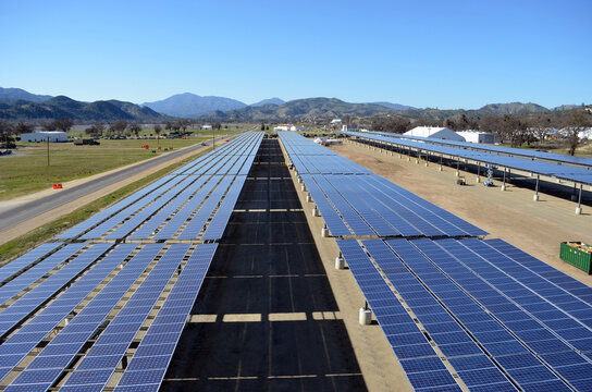 Solar panel arrays form a canopy at a construction site