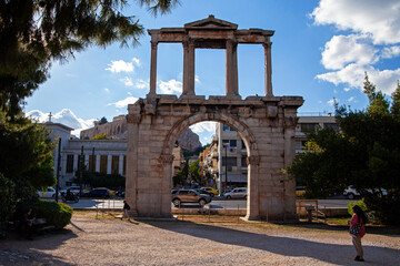 The Arch of Hadrian(Hadrian's Gate) is a monumental gateway resembling  a Roman triumphal arch.  is located 325m Southeast of the Acropolis in Athens, Greece