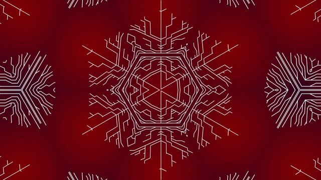 Building solution by artificial intelligence or neural network. 4k abstract white wireframe on dark red bg. Ai growing geometric pattern of lines, branches of calculations, nodes and intersections.