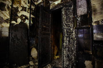 Burnt house interior. Consequences of fire concept