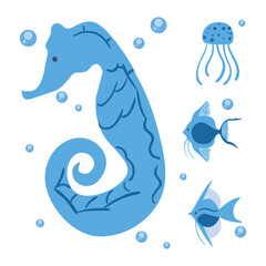 Blue sea animals icon collection vector design