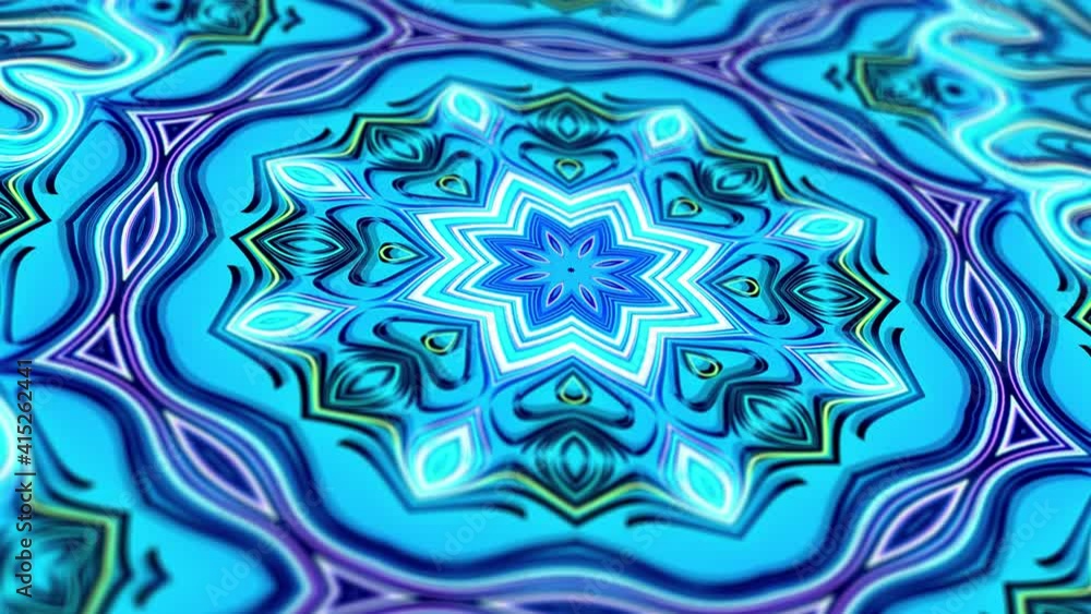 Poster kaleidoscopic structure with neon flash lights. pattern like symmetrical radial ornament on blue pla