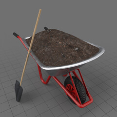 Wheelbarrow with soil and shovel
