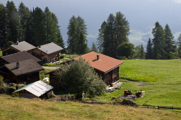 Mehrere Holzhäuser auf dem Berg in der Schweiz. Im Hintergrund ist Nebel, Bäume, Landschaft und Wolken. Urlaub in der Schweiz.