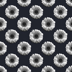 Creative design of floral seamless pattern with head of gerbera flower, square size, black and white