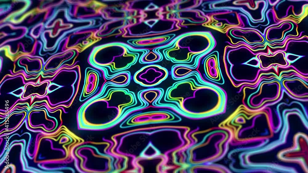 Poster pattern as flower or star. 4k abstract looped bg with grows rainbow colors lines pattern like symmet