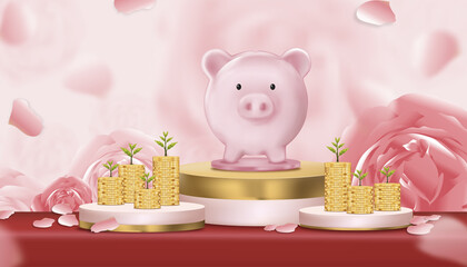 Vector 3D piggy bank and stack coin with tree on display in pink and yellow gold podium on blurry petal background,illustration for showcase product financial,savings and security of money for future