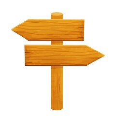 Wood signpost, pointing with direction in cartoon style isolated on white background. Wild west, ui assets design. Empty plank, banner with arrow detailed and textured. 