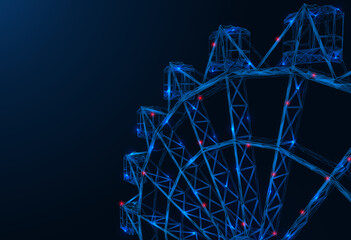 A futuristic Ferris wheel. Polygonal 3D design of the attraction made of interlocked lines and dots. Blue background.