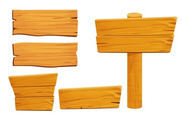 Set of wooden tablets, textured panels, signboard in cartoon style isolated on white background stock vector illustration. Rustic board, plank with place. Ui game assets, rural background. 