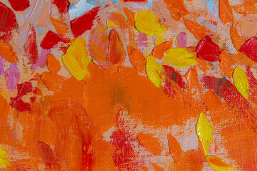 Abstract creative background: streaks and strokes of bright oil paint on linen canvas before tone priming