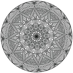 Linear abstract ornaments forming a mandala drawn on a white background for coloring, vector, print mandala