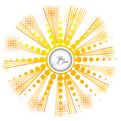 Symbol bright yellow sun. Round frame for text. Vector Illustration.