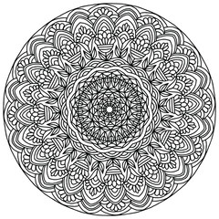 mandala with folk style flowers and linear ornaments drawn on a white background for coloring, vector, print mandala