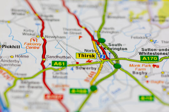 02-19-2021 Portsmouth, Hampshire, UK Thirsk and surrounding areas shown on a road map or Geography map