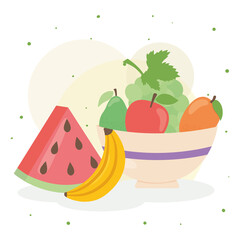 watermelon and banana fruit with healthy food bowl vector design