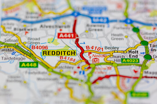 02-19-2021 Portsmouth, Hampshire, UK Redditch and surrounding areas shown on a road map or Geography map