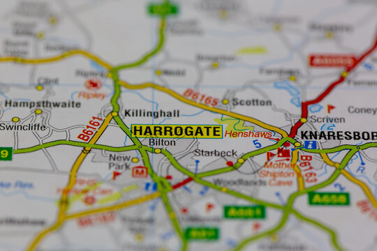 02-19-2021 Portsmouth, Hampshire, UK Harrogate and surrounding areas shown on a road map or Geography map