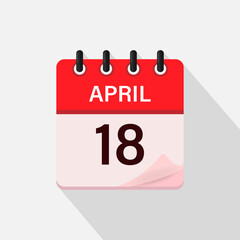 April 18, Calendar icon with shadow. Day, month. Flat vector illustration.