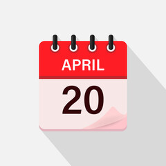 April 20, Calendar icon with shadow. Day, month. Flat vector illustration.