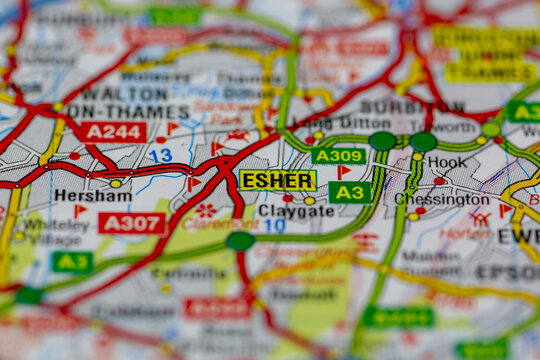 02-19-2021 Portsmouth, Hampshire, UK Esher and surrounding areas shown on a road map or Geography map