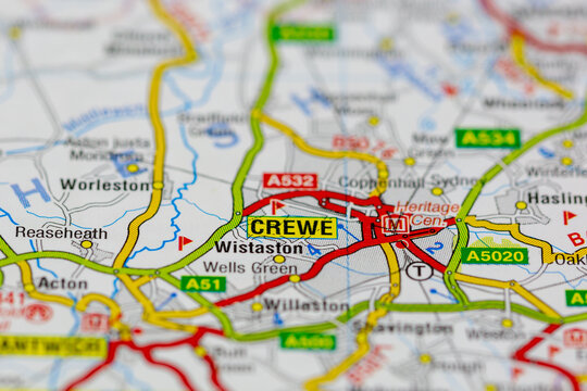 02-19-2021 Portsmouth, Hampshire, UK Crewe and surrounding areas shown on a road map or Geography map