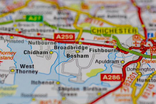 02-19-2021 Portsmouth, Hampshire, UK Bosham and surrounding areas shown on a road map or Geography map