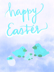 Digital illustration of yellow chicks and eggs in the spring saying Happy Easter