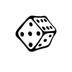 Flying cube for table game in Black outline by doodle cartoon drawing style isolated on white background. Perfect for decor of kids playroom, textiles, packaging. Stay home for hobby time.